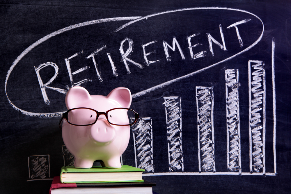 Piggy bank with retirement message on blackboard